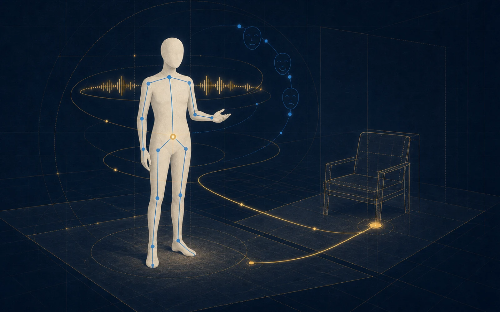 Digital Companion 蓝金空间图版：数字人物、房间平面、语音轨道与座椅导航路径