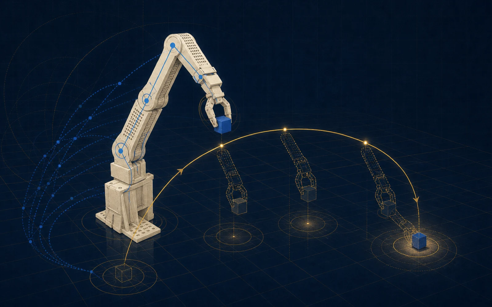 Embodied AI Lab 蓝金机械臂图版：五自由度机械臂、策略采样和抓取放置轨迹